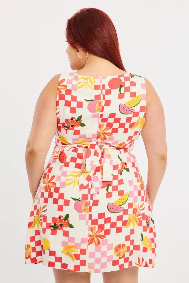 BreathableLining Orange Abstract Mini Dress Sleeveless Linen Blend