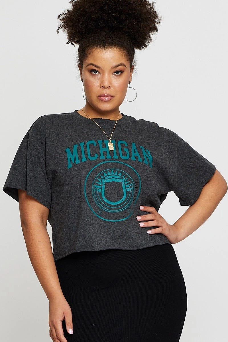 Grey Crop T-shirt Michigan Short Sleeve Cotton Semi Breathable Performance Wear
