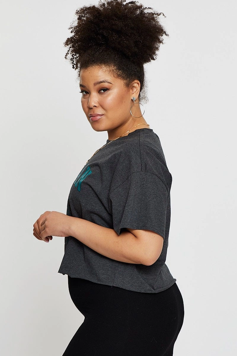 Grey Crop T-shirt Michigan Short Sleeve Cotton Semi Sport Flex Fit
