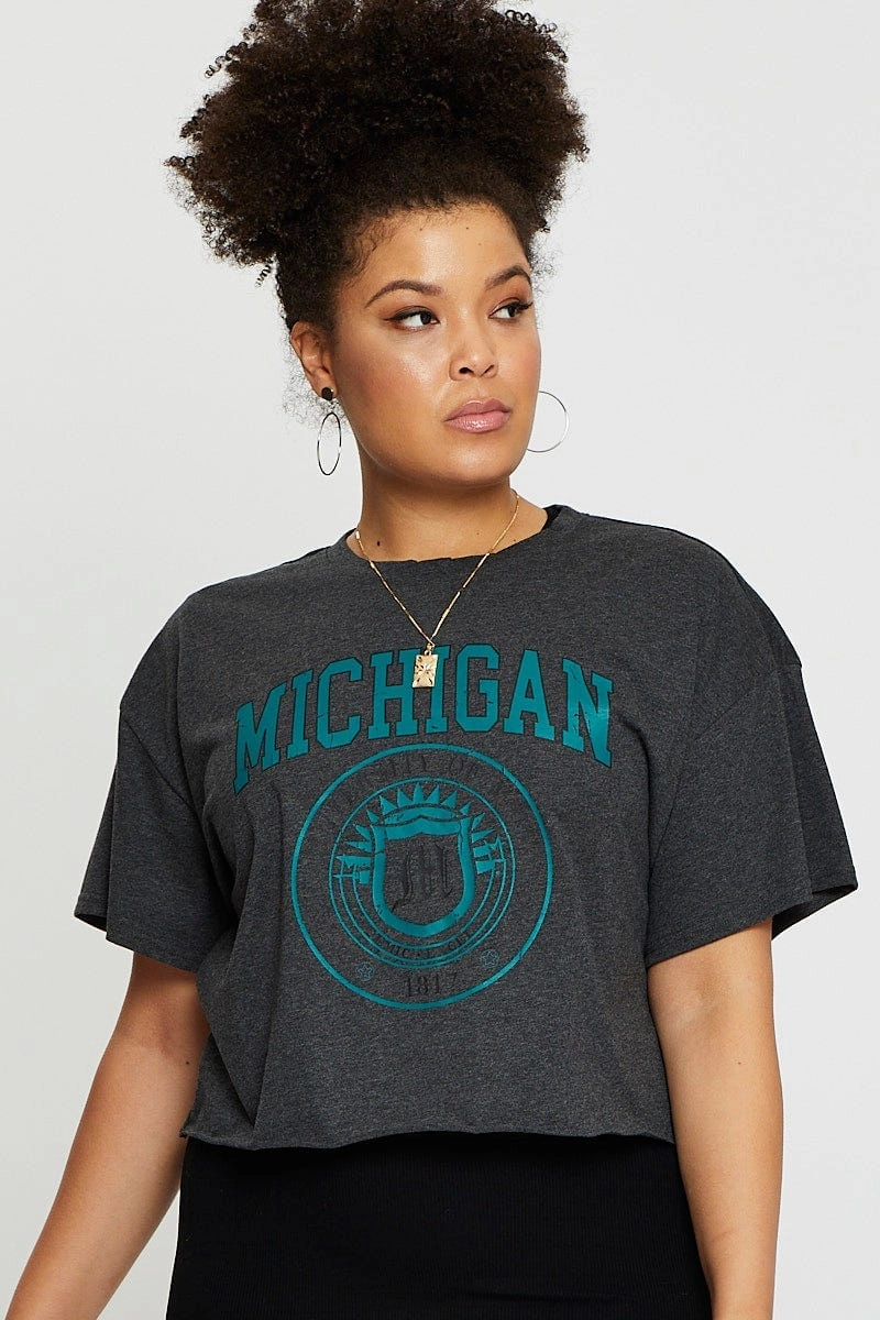 Grey Crop T-shirt Michigan Short Sleeve Cotton Semi Comfortable Fit Wear Minimalist Stitching