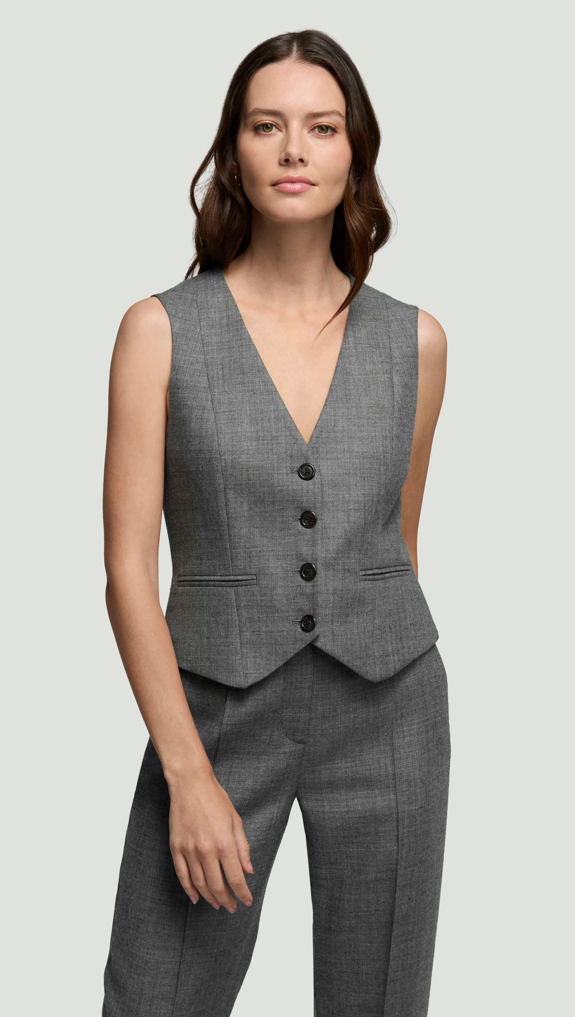Waistcoat in Textured Wool Twill | Grey Melange Double Needle Hemming