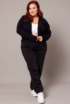 MultiPocketLayout Black Knit Cardigan Long Sleeve Hooded