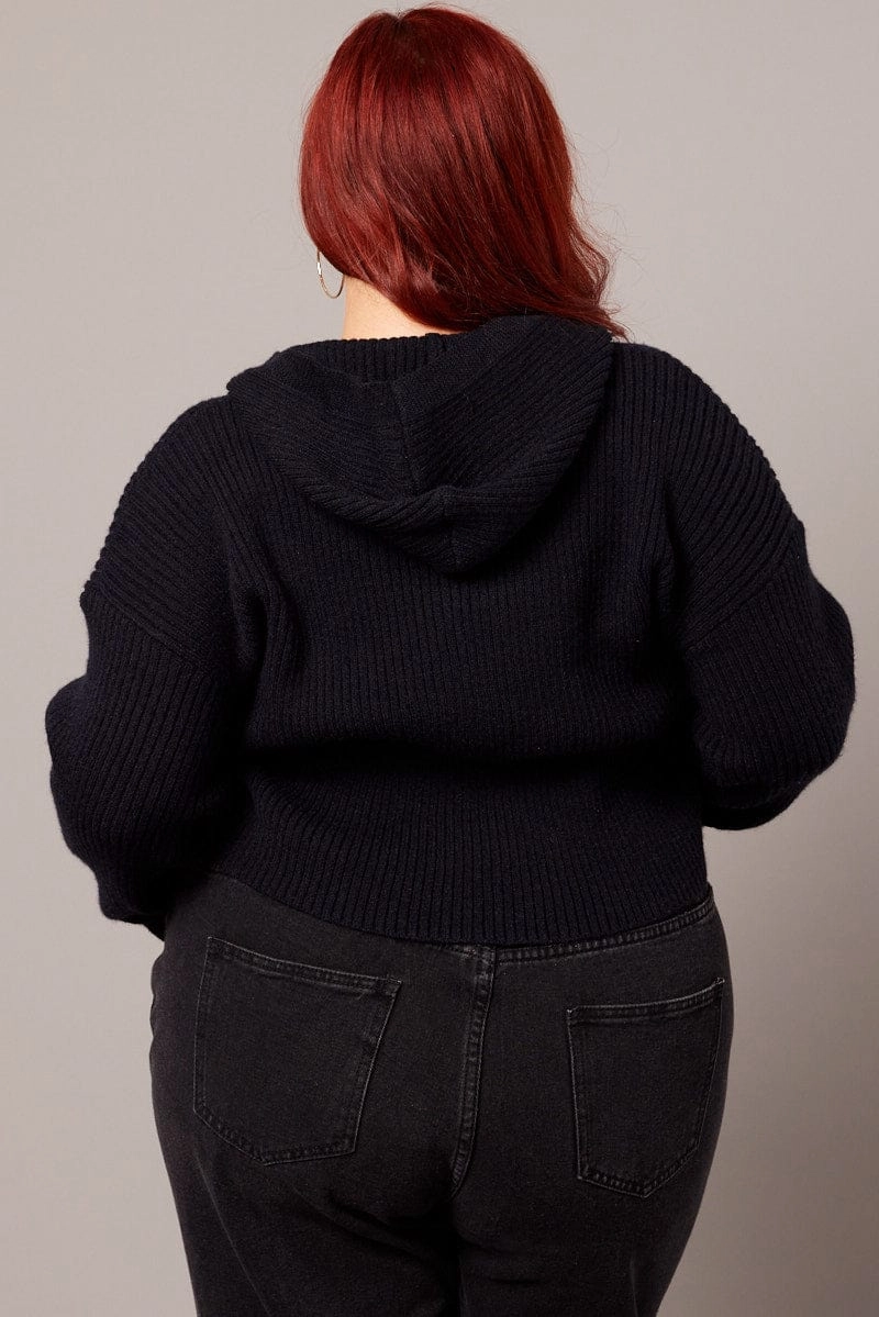 Non Restrictive Movement Cut Black Knit Cardigan Long Sleeve Hooded