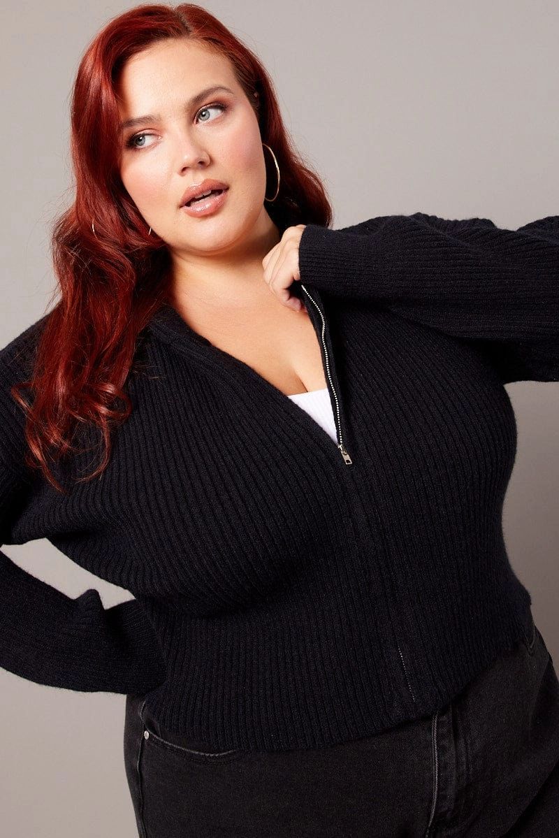 Black Knit Cardigan Long Sleeve Hooded Static Dissipating Threading