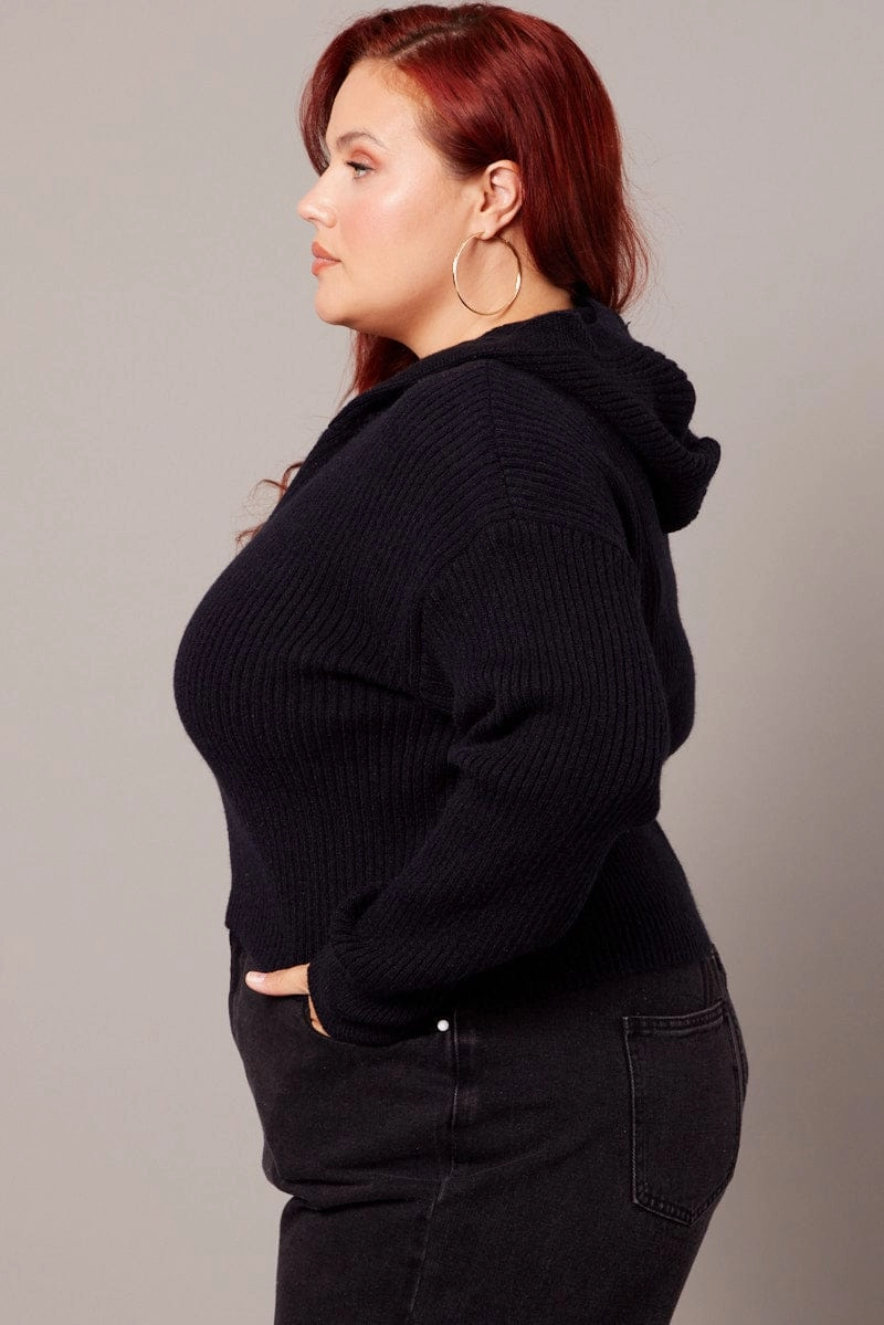 Black Knit Cardigan Long Sleeve Hooded Light Reflectivity Trim