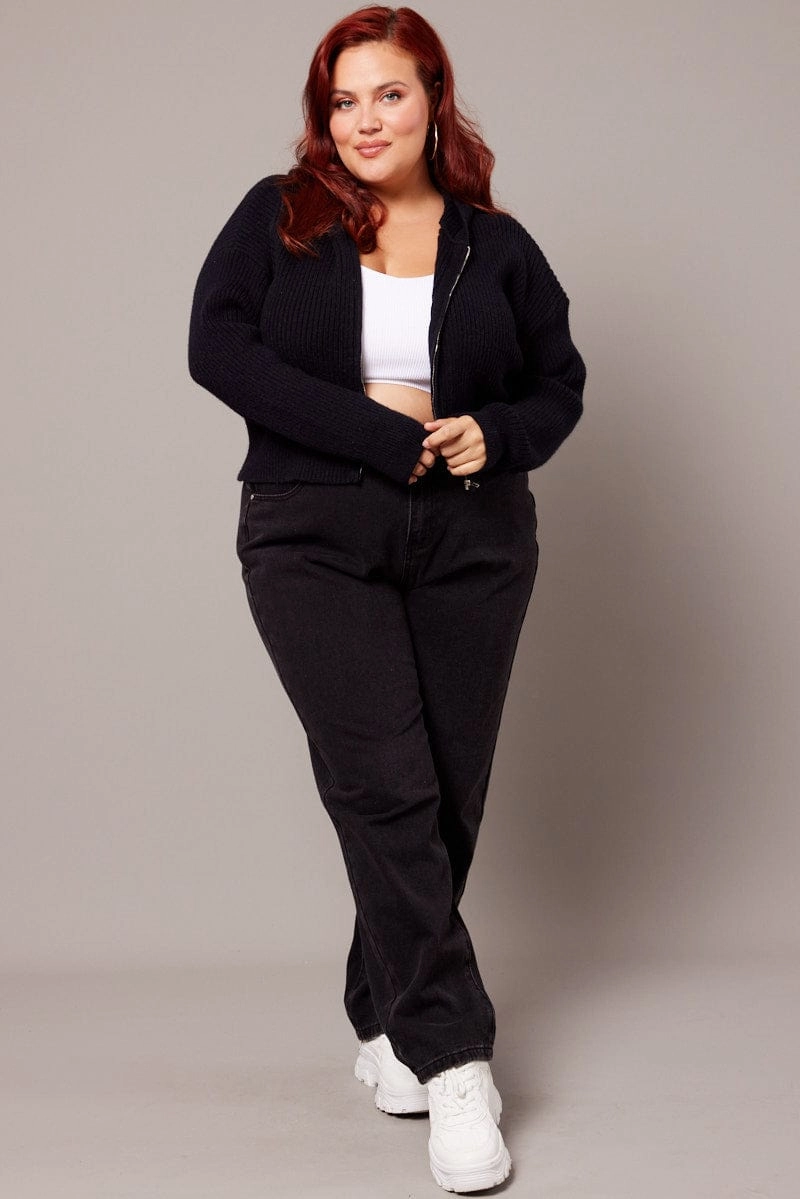 MultiPocketLayout Black Knit Cardigan Long Sleeve Hooded