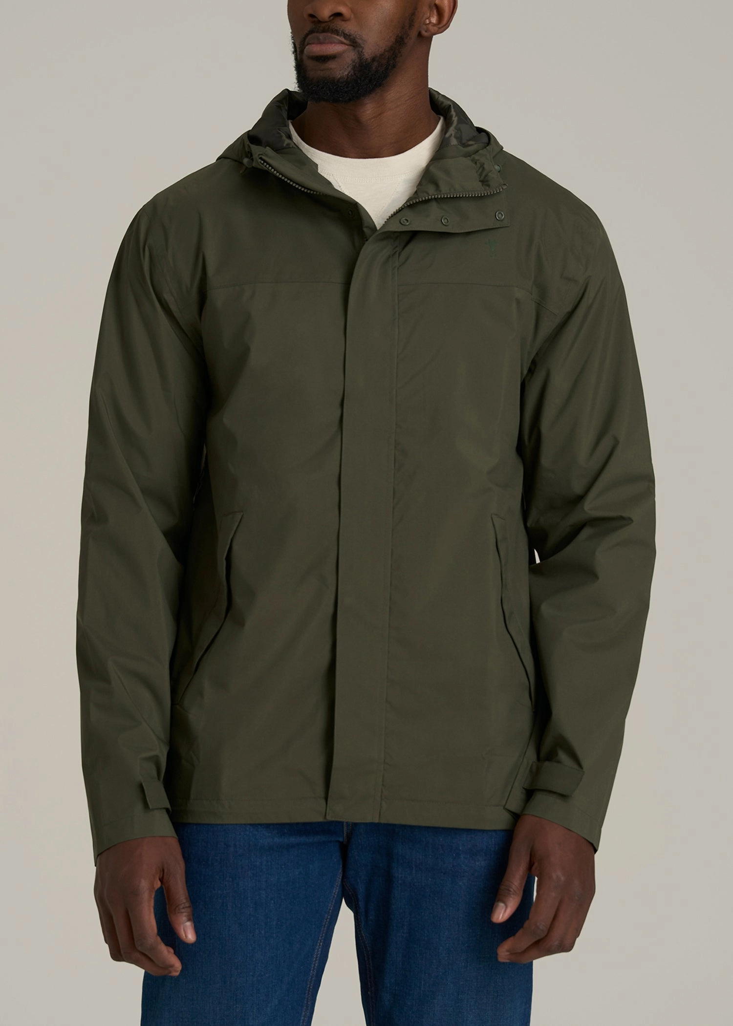 Elasticized Waist Flexible Knit Lightweight Rain Jacket for Tall Men in Dark Olive Green