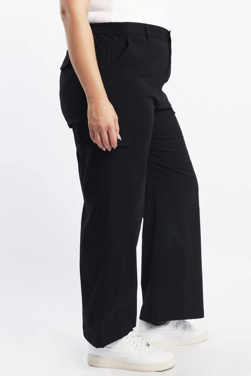 Black Elastic Back Stretch Cotton Poplin Cargo Pants No Ride Seamless Comfort