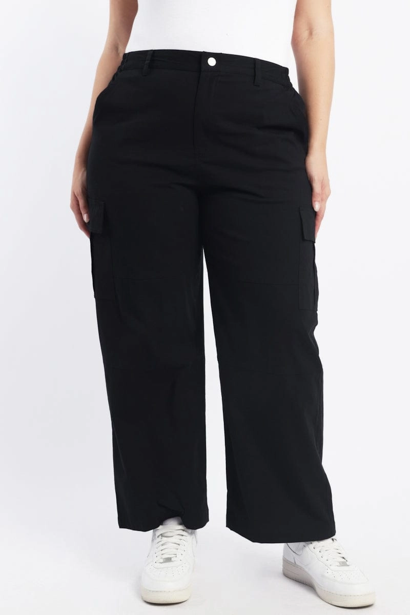 Effortless Layer Zero Waste Manufacturing Black Elastic Back Stretch Cotton Poplin Cargo Pants