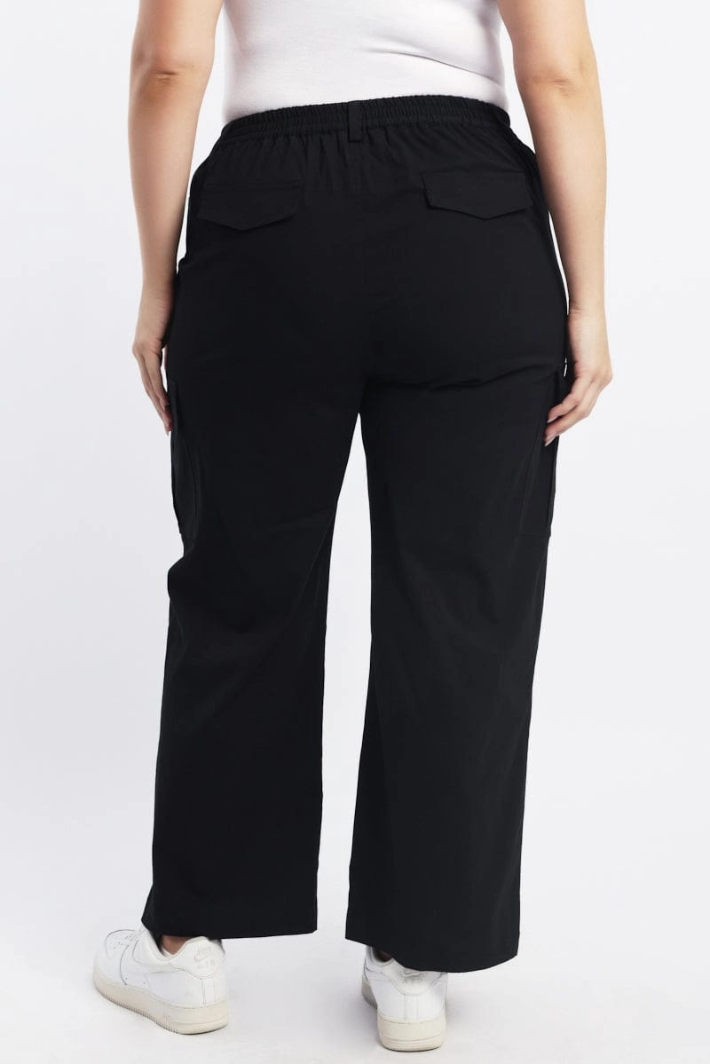 Black Elastic Back Stretch Cotton Poplin Cargo Pants Seamless Waist Technology Stylish Comfort