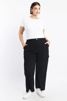 Black Elastic Back Stretch Cotton Poplin Cargo Pants Cozy Style Relax Fit Design