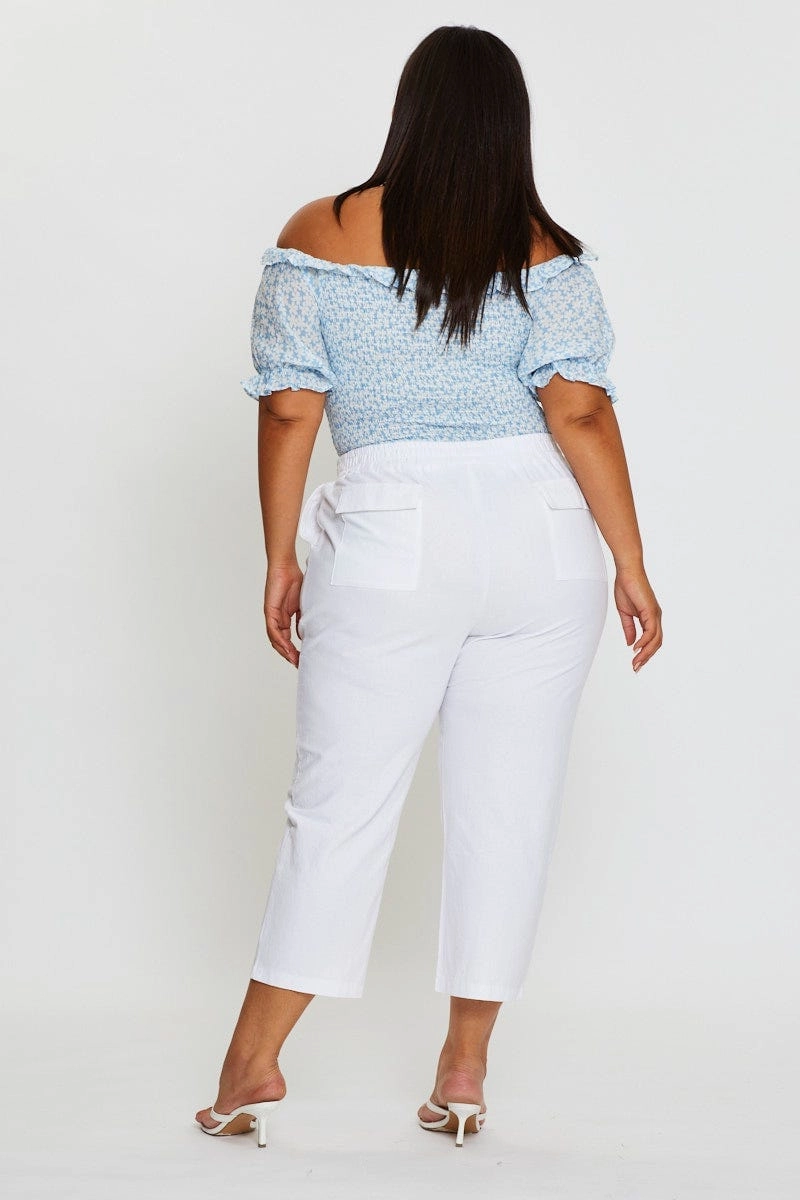 White Slim Leg Pants High Rise Elastic Waist Mesh Lined