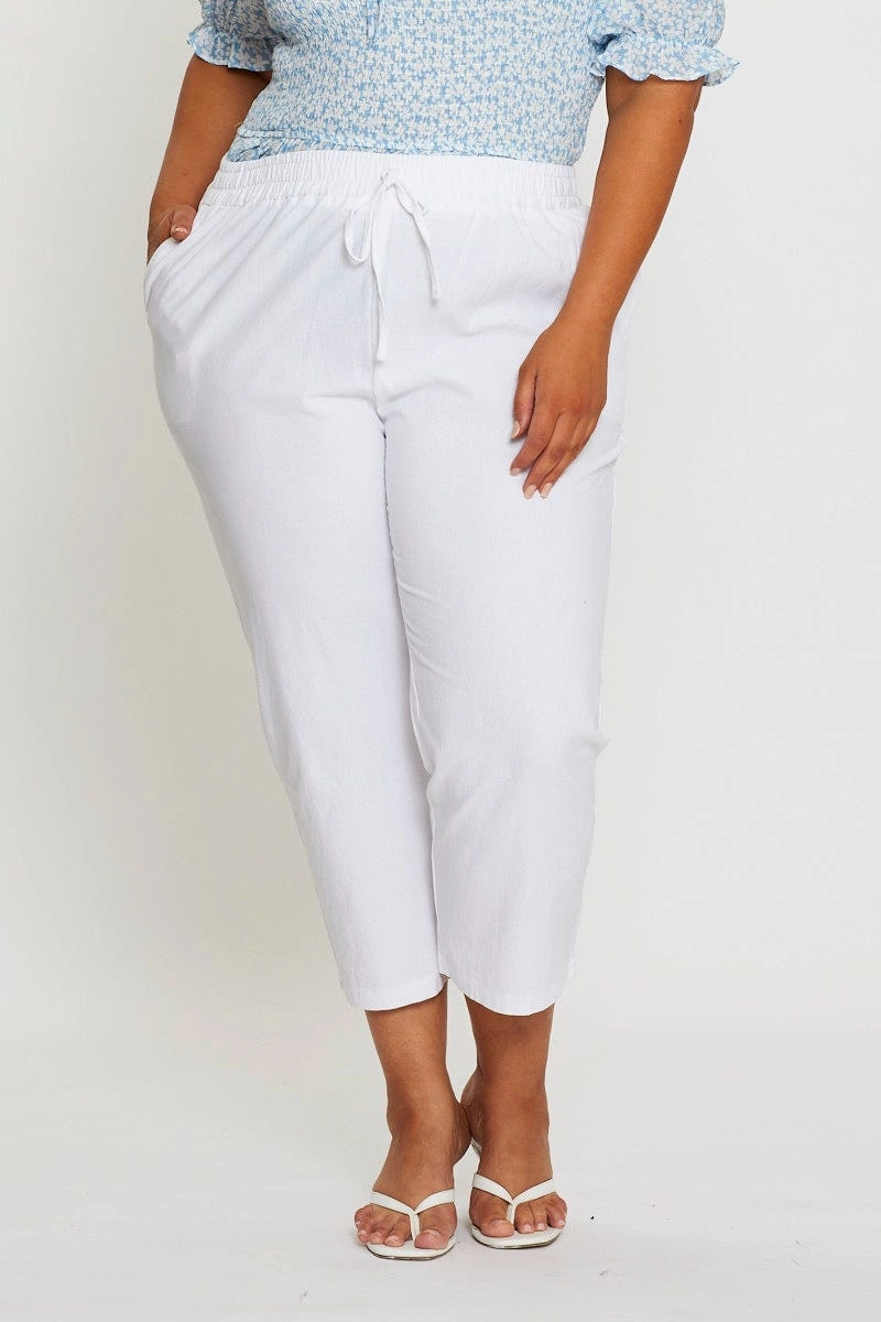 Perfect Length White Slim Leg Pants High Rise Elastic Waist