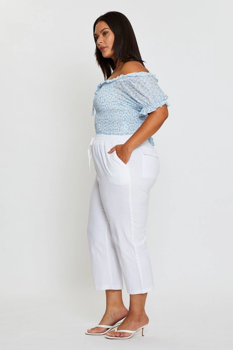 White Slim Leg Pants High Rise Elastic Waist Relaxed Design Wear No Ride Up