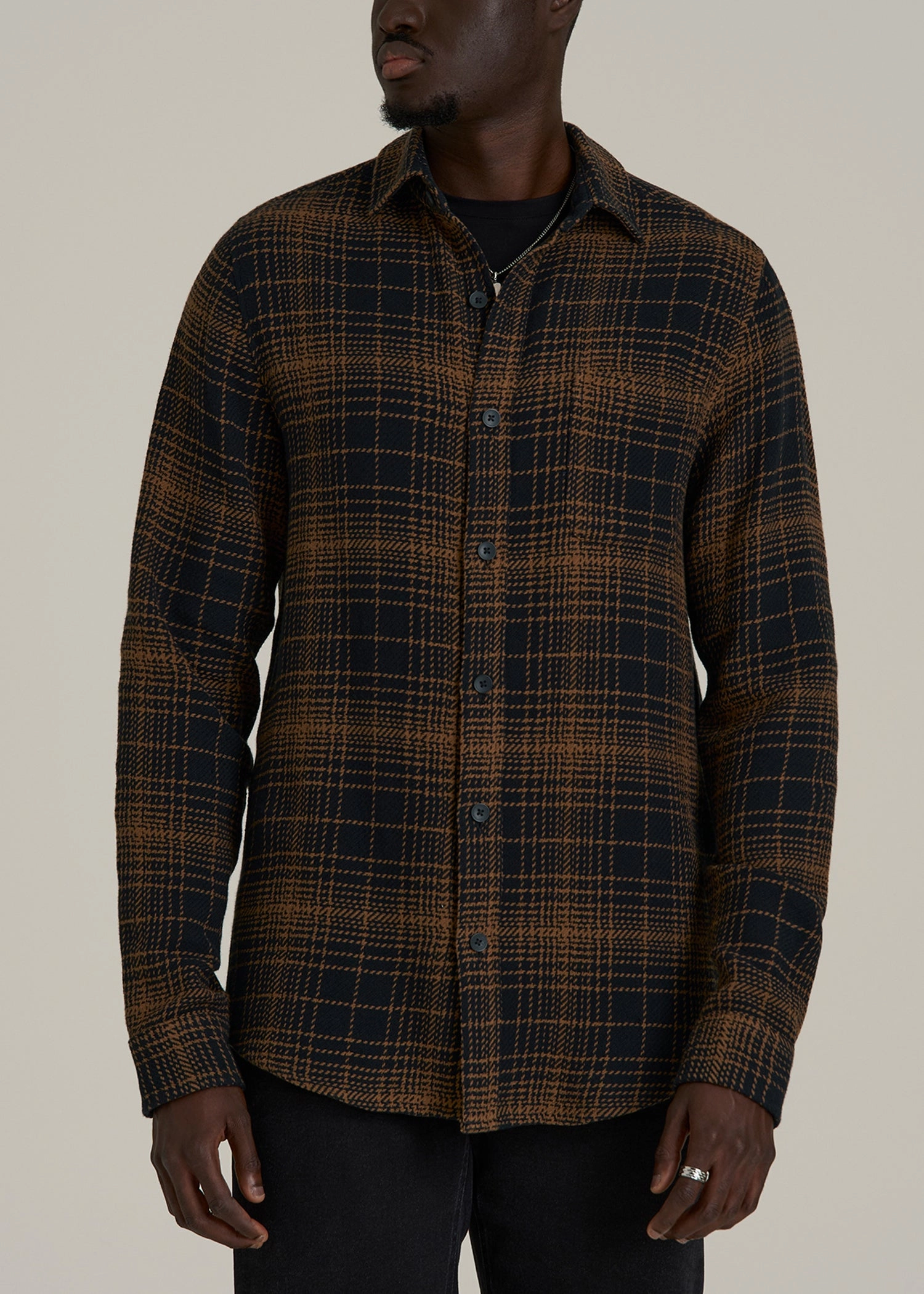 Lightweight Woven Overshirt for Tall Men in Black and Caramel Plaid RelaxedSilhouette Everyday Comfort