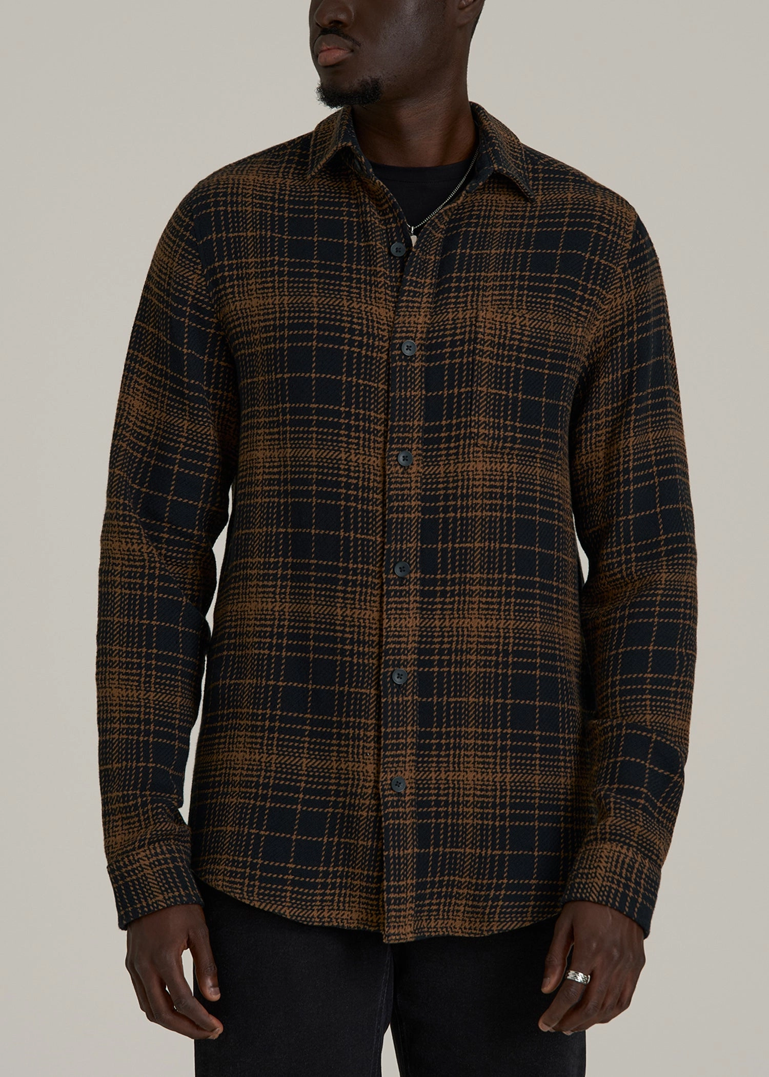 TearResistantWeave Light material Lightweight Woven Overshirt for Tall Men in Black and Caramel Plaid
