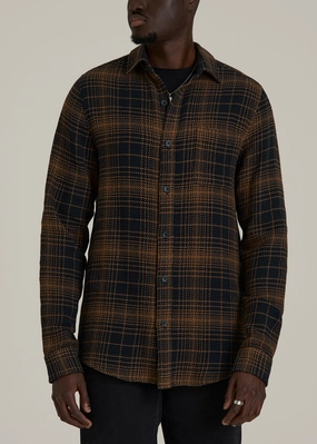 Lightweight Woven Overshirt for Tall Men in Black and Caramel Plaid summer top