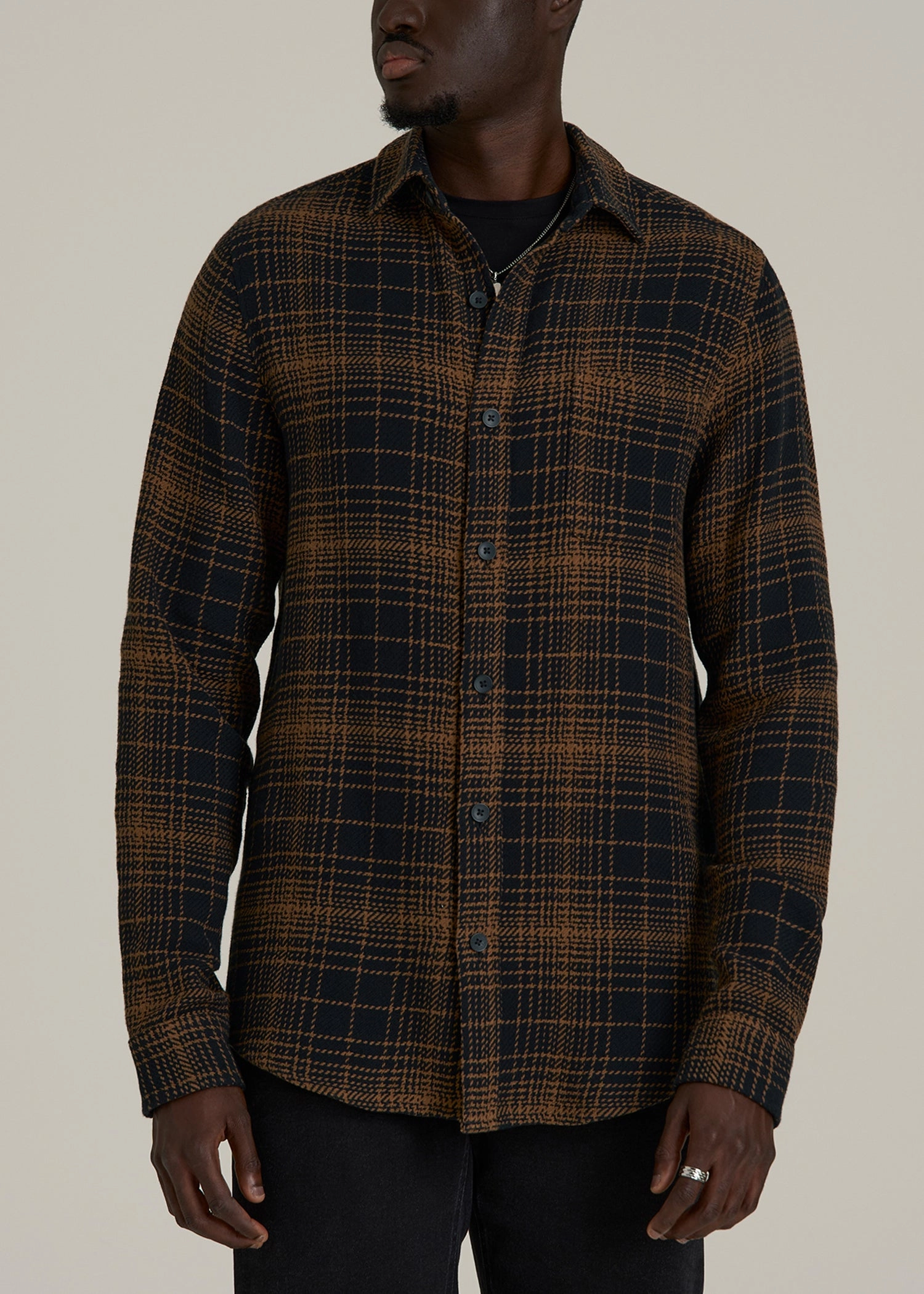 Lightweight Woven Overshirt for Tall Men in Black and Caramel Plaid summer top