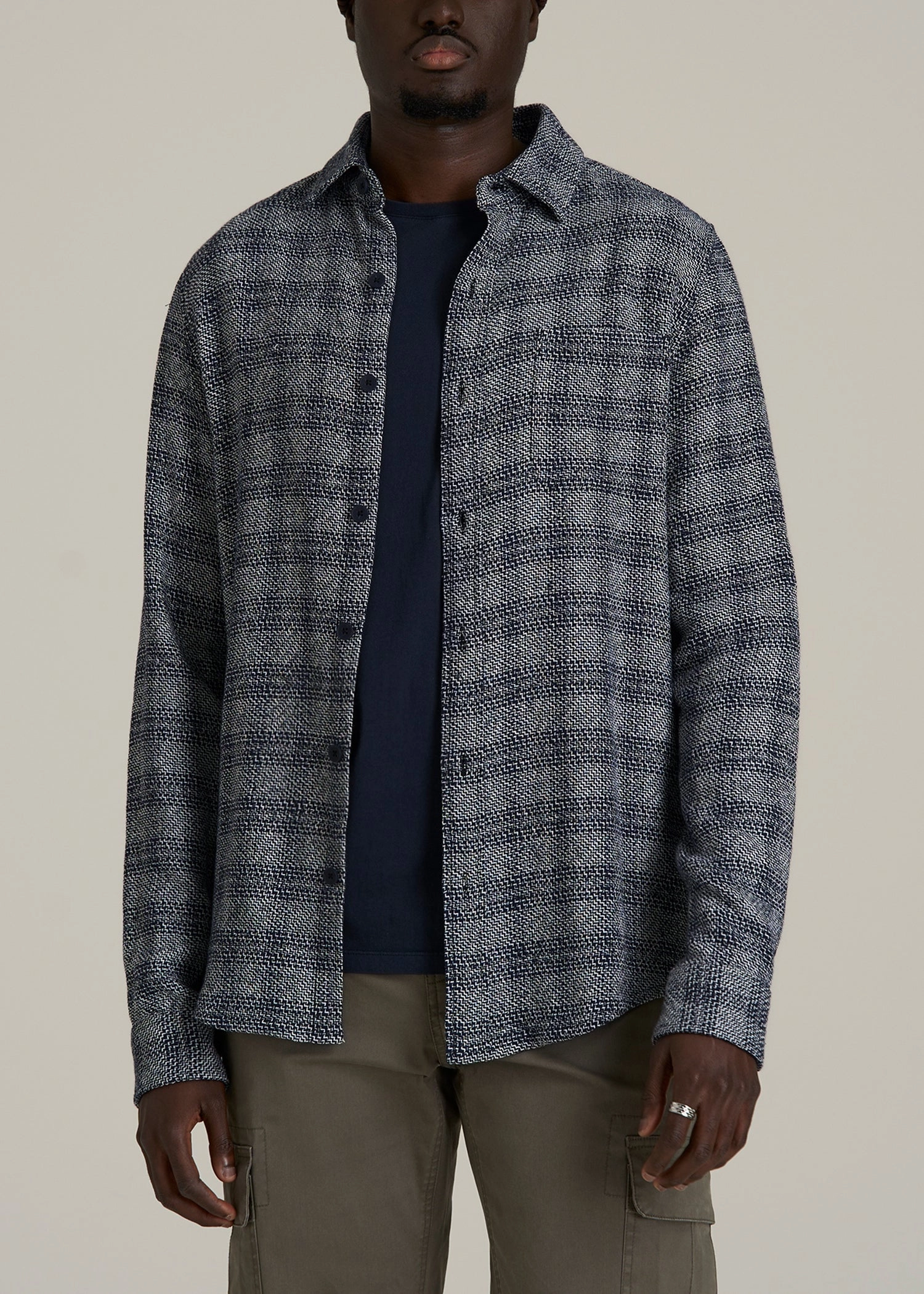 Lightweight Woven Overshirt for Tall Men in Navy Textured Grid FrictionResistant Edges