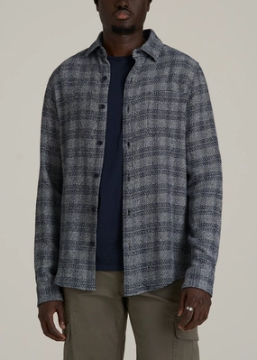 RecycledPolyester MultipanelLayout Lightweight Woven Overshirt for Tall Men in Navy Textured Grid