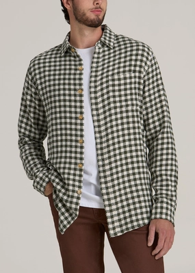 Lightweight Woven Overshirt for Tall Men in Olive and Ecru Check Airflow Mesh Insert