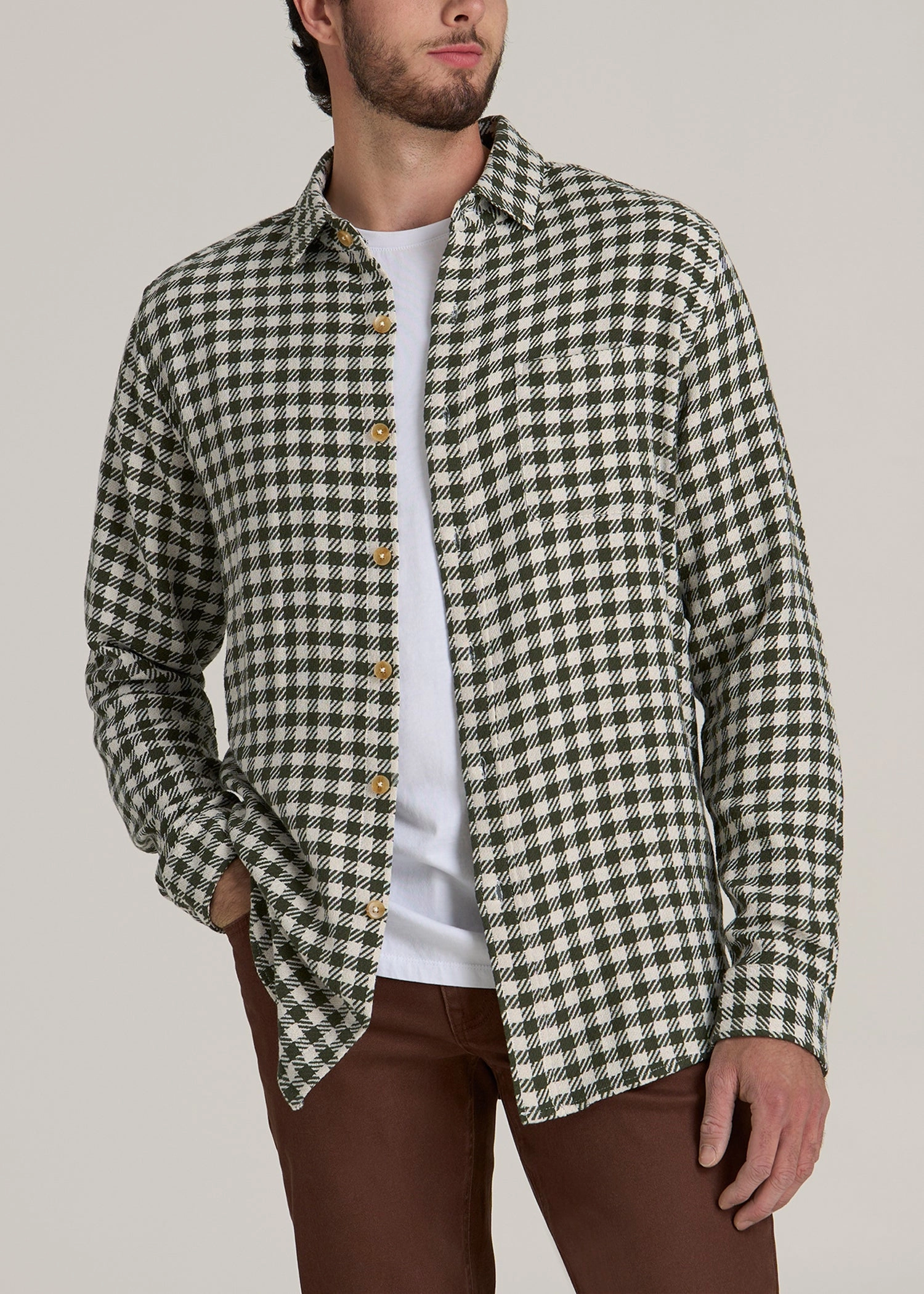 Lightweight Woven Overshirt for Tall Men in Olive and Ecru Check Trendy Shirt