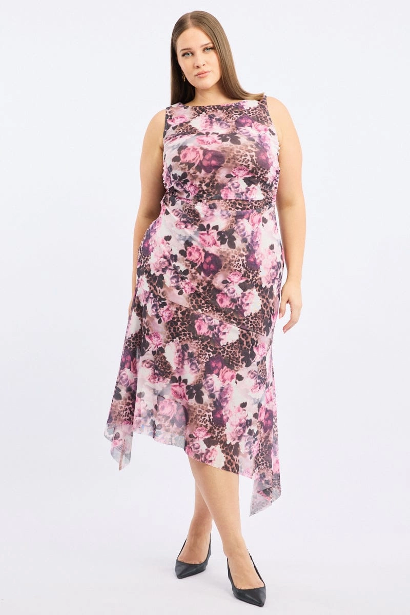 Brown Animal Print Midi Dress Sleeveless Mesh Hanky Hem Natural Flow Chic Waist