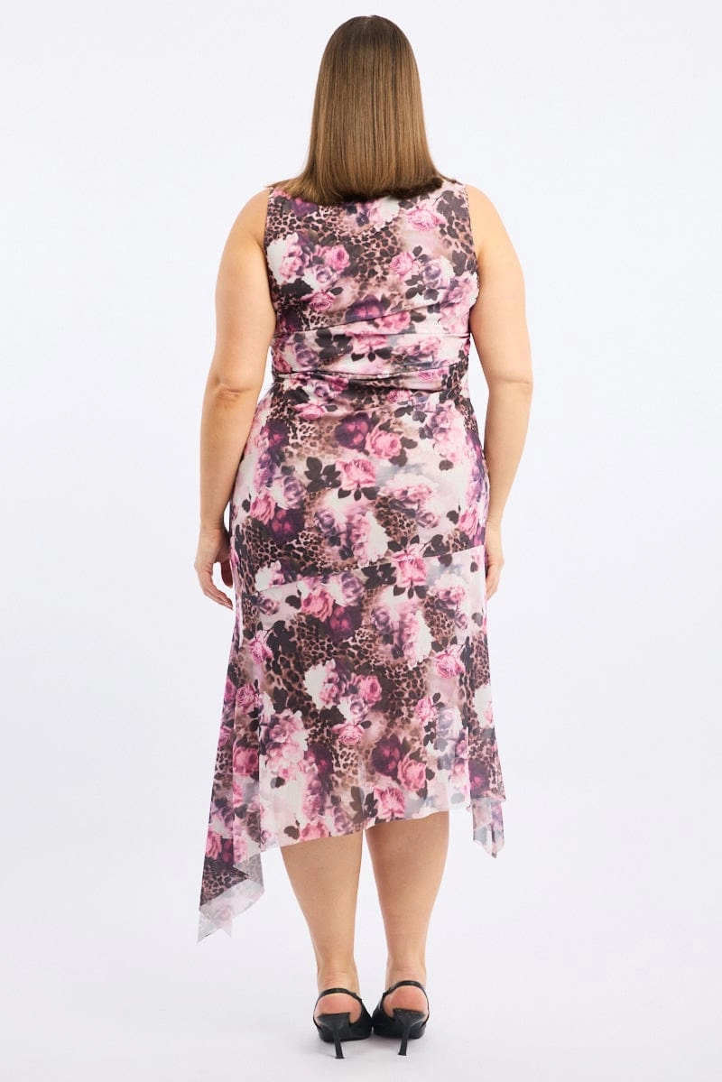 AdjustableStraps Simplistic Mood Brown Animal Print Midi Dress Sleeveless Mesh Hanky Hem