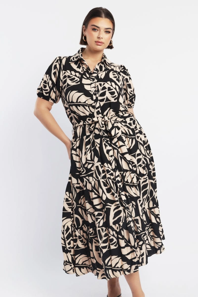 Easy Movement Black Floral Midi Dress Short Sleeve Shirt Floral