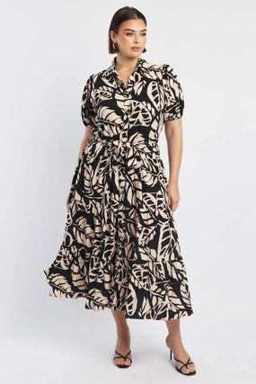 Fashion-Forward Fit Black Floral Midi Dress Short Sleeve Shirt Floral