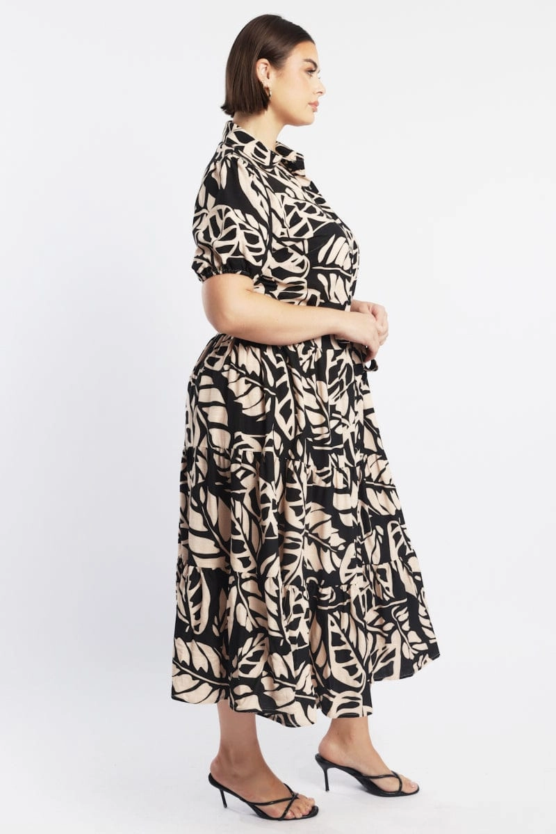 Black Floral Midi Dress Short Sleeve Shirt Floral Classic wrap dress Smart Design