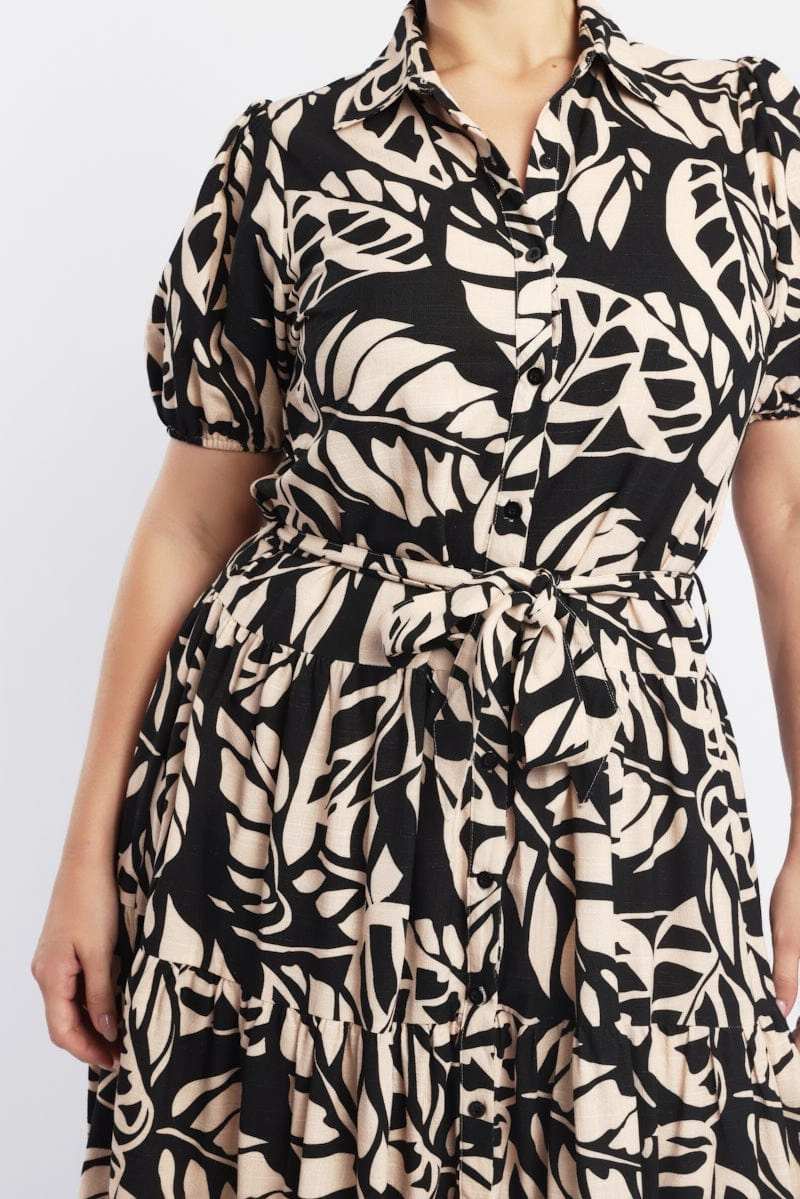 Evening Look Chic Comfort Look Black Floral Midi Dress Short Sleeve Shirt Floral