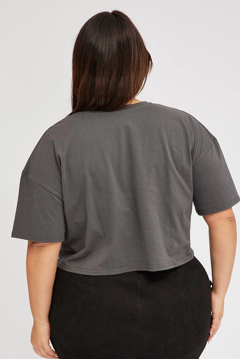 Grey Graphic T-shirt Short Sleeve Crew Neck Cropped Seam Free Edging