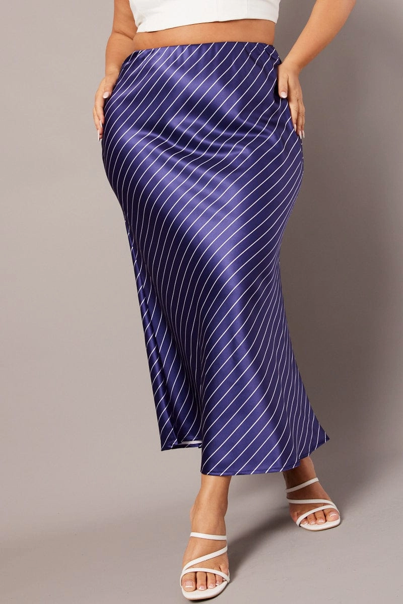 Blue Stripe Pinstripe Bias Satin Skirt Formal Event