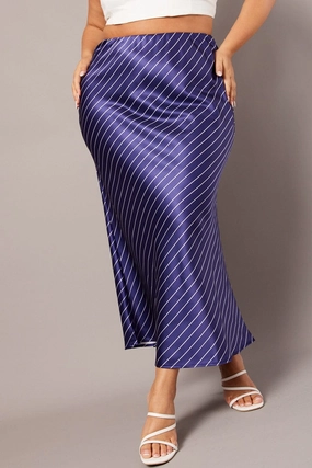 Blue Stripe Pinstripe Bias Satin Skirt Formal Event