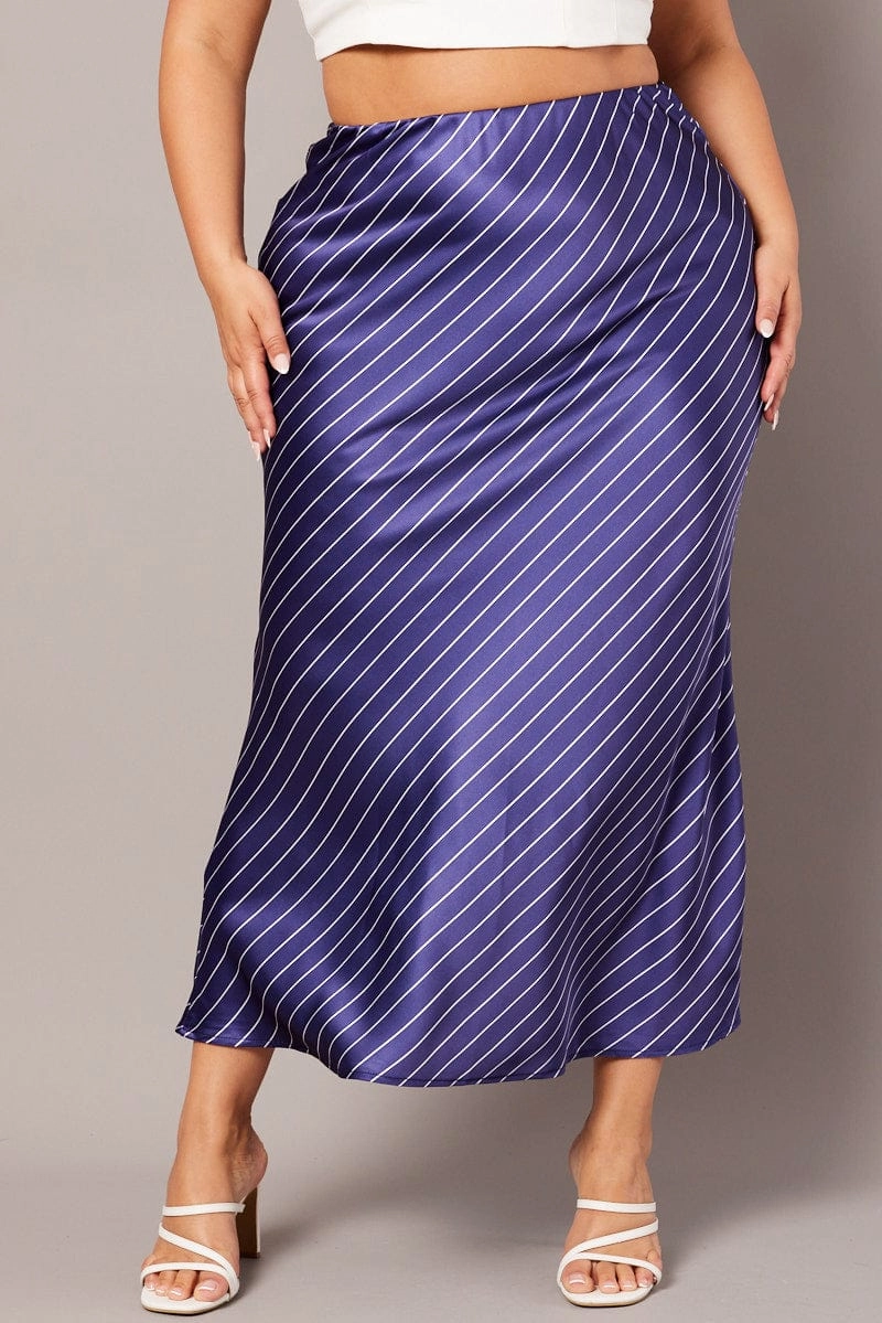 Creative Look Built In Shorts Blue Stripe Pinstripe Bias Satin Skirt