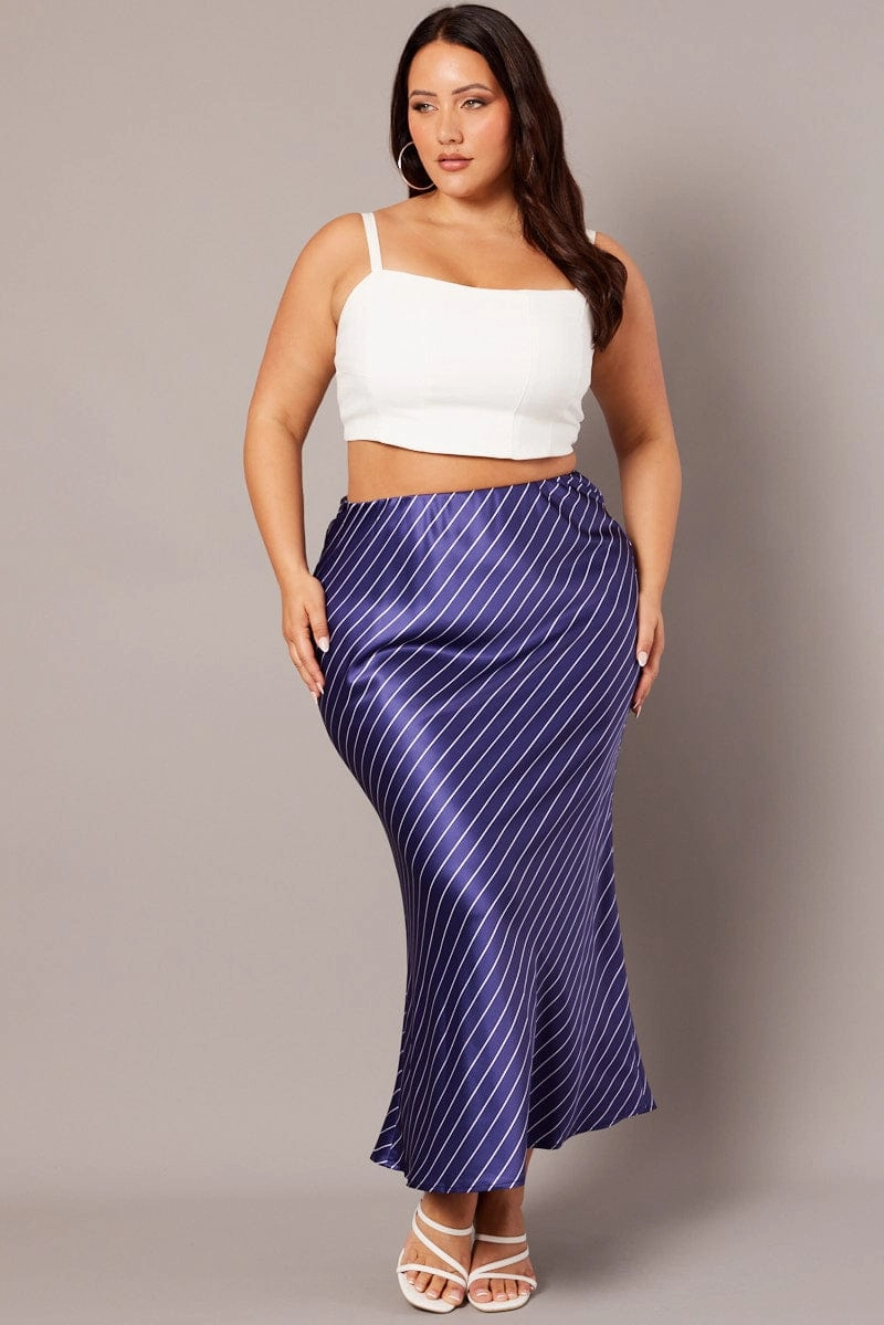 Ventilated Panels color block Blue Stripe Pinstripe Bias Satin Skirt