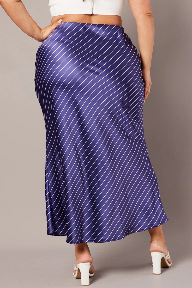 slim fit Holiday Travel Blue Stripe Pinstripe Bias Satin Skirt