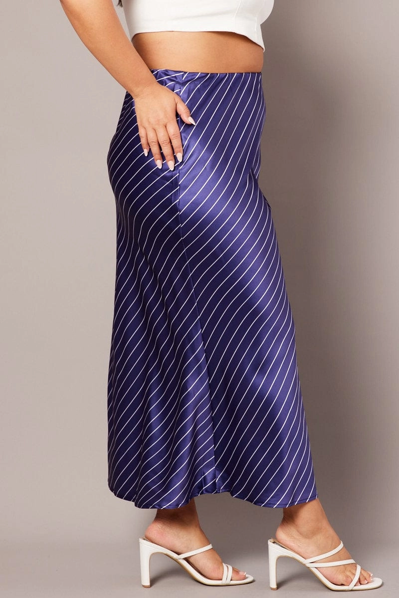Blue Stripe Pinstripe Bias Satin Skirt Simple Layer