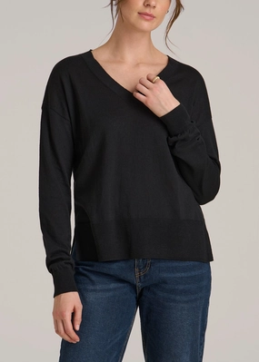 Cold Weather Wear Bold Graphics Linen Blend Split Hem V-Neck Sweater for Tall Women in Black