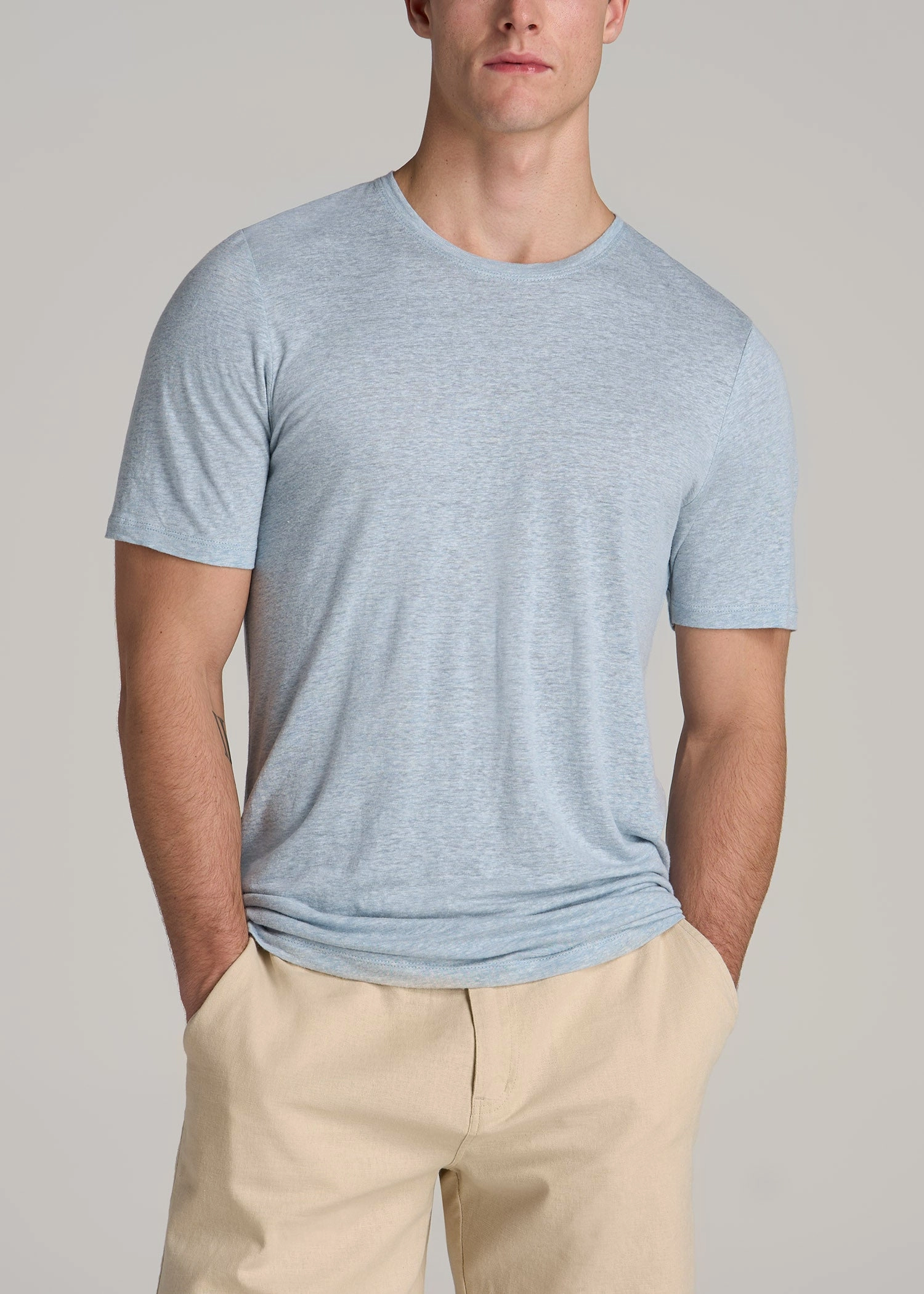 Linen Crewneck T-Shirt for Tall Men in Sky Blue Mix Odor Resistant Finish Durable Reinforced Elbow Patches