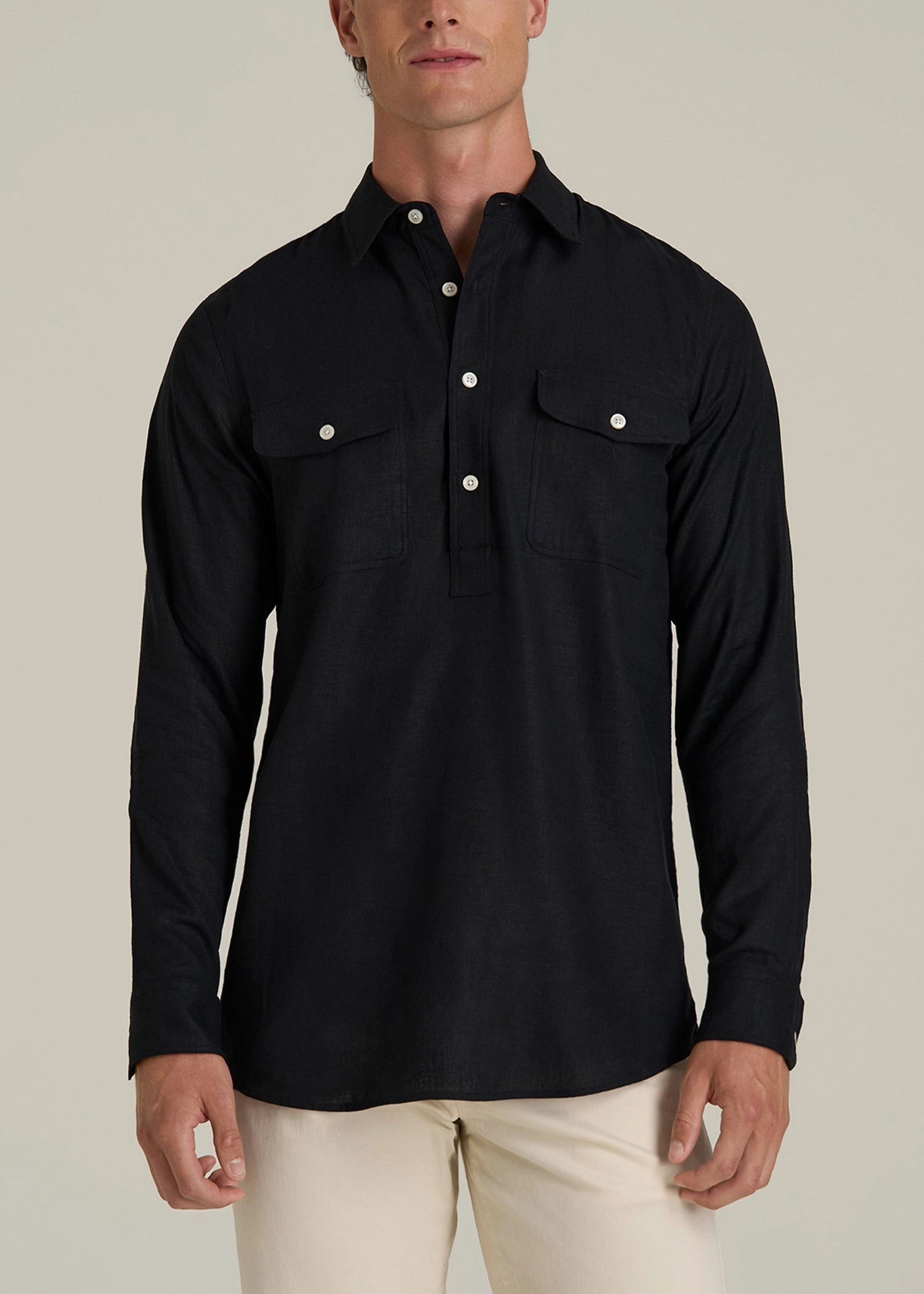 Cooling Technology Linen Popover Shirt for Tall Men in Black