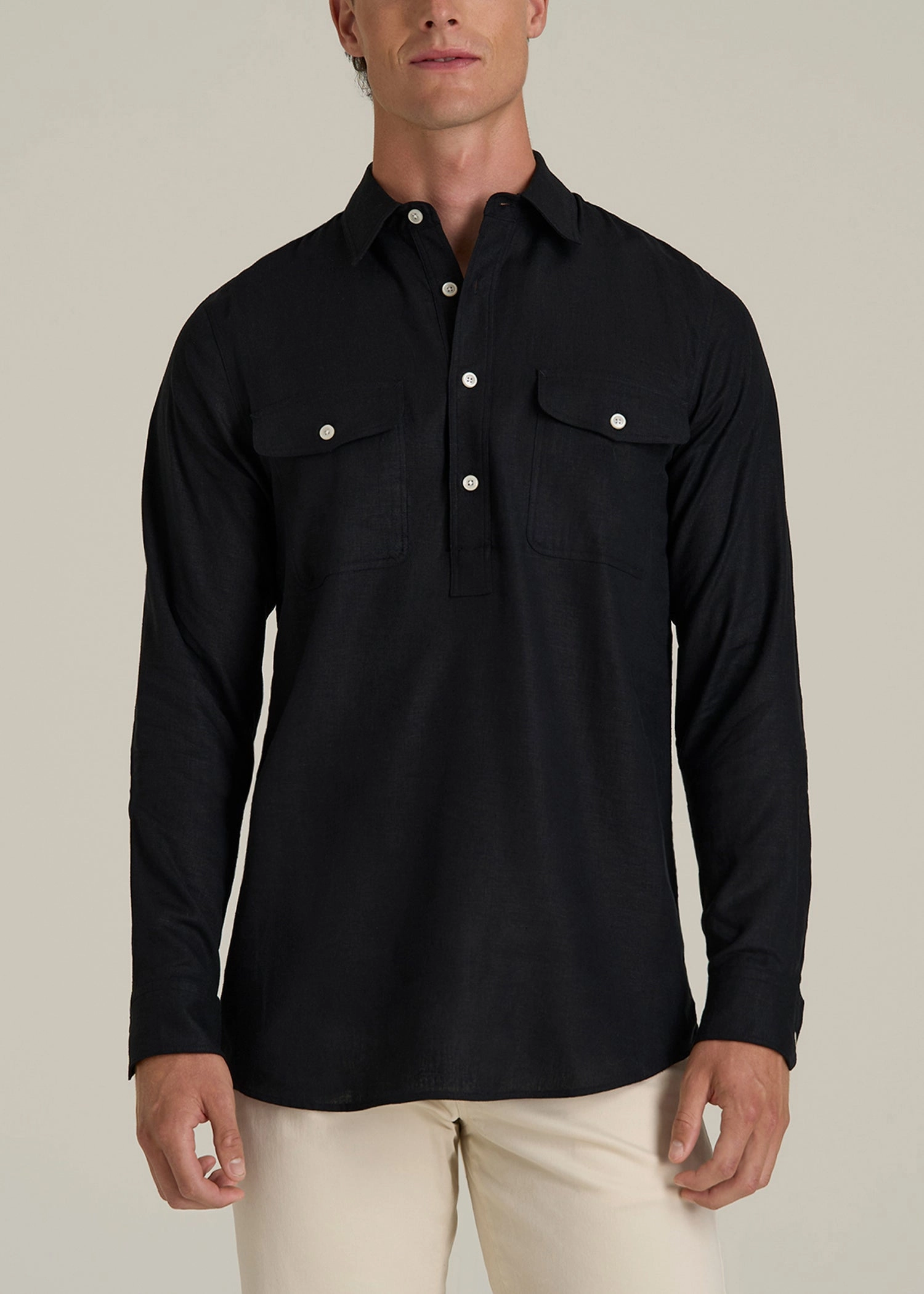 Linen Popover Shirt for Tall Men in Black AirflowOptimized Design StretchableKnit