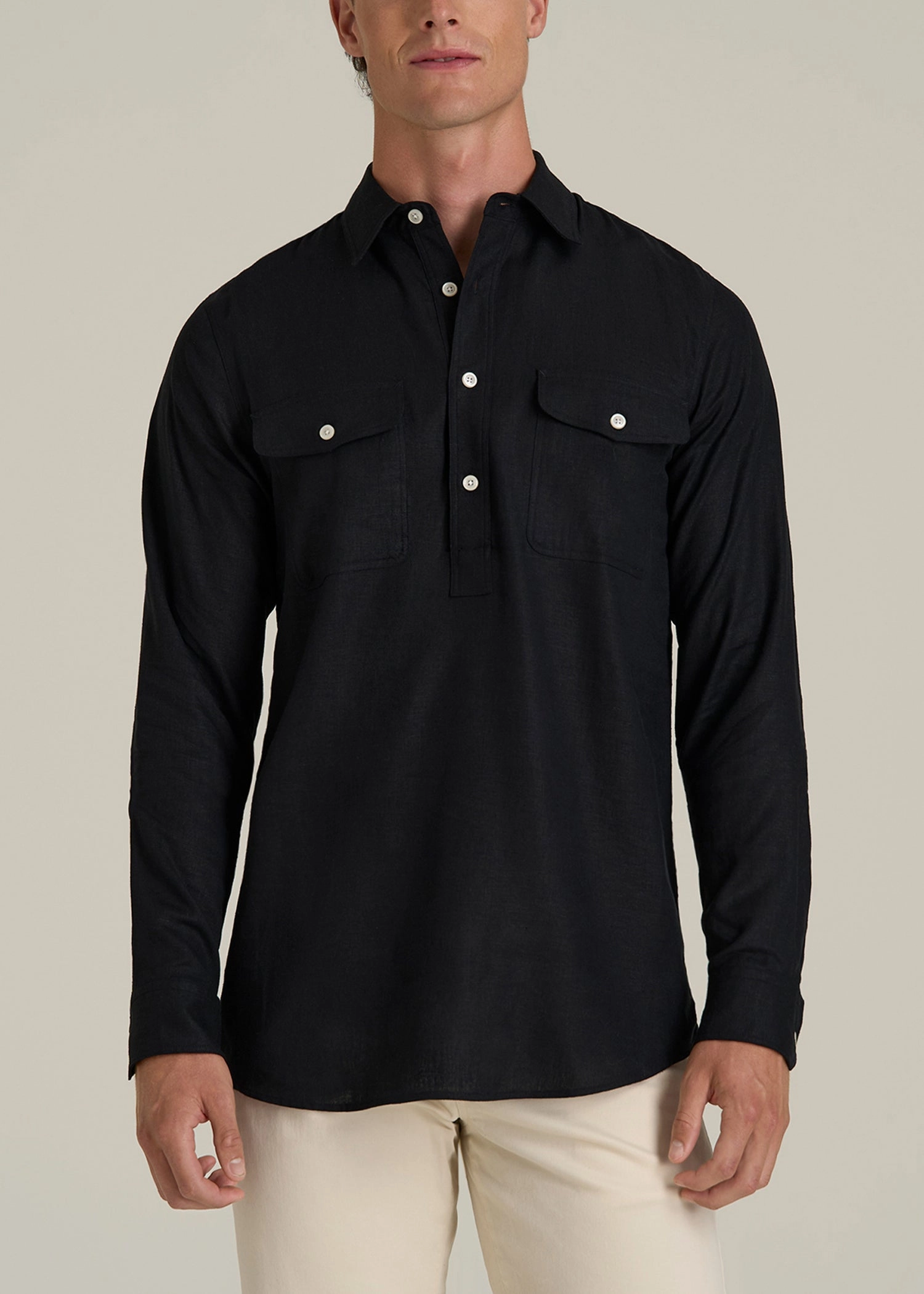Midweight Texture PlacketDetail Linen Popover Shirt for Tall Men in Black