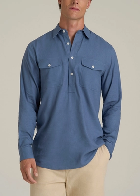 ColorfastMaterial Linen Popover Shirt for Tall Men in Deep Cobalt