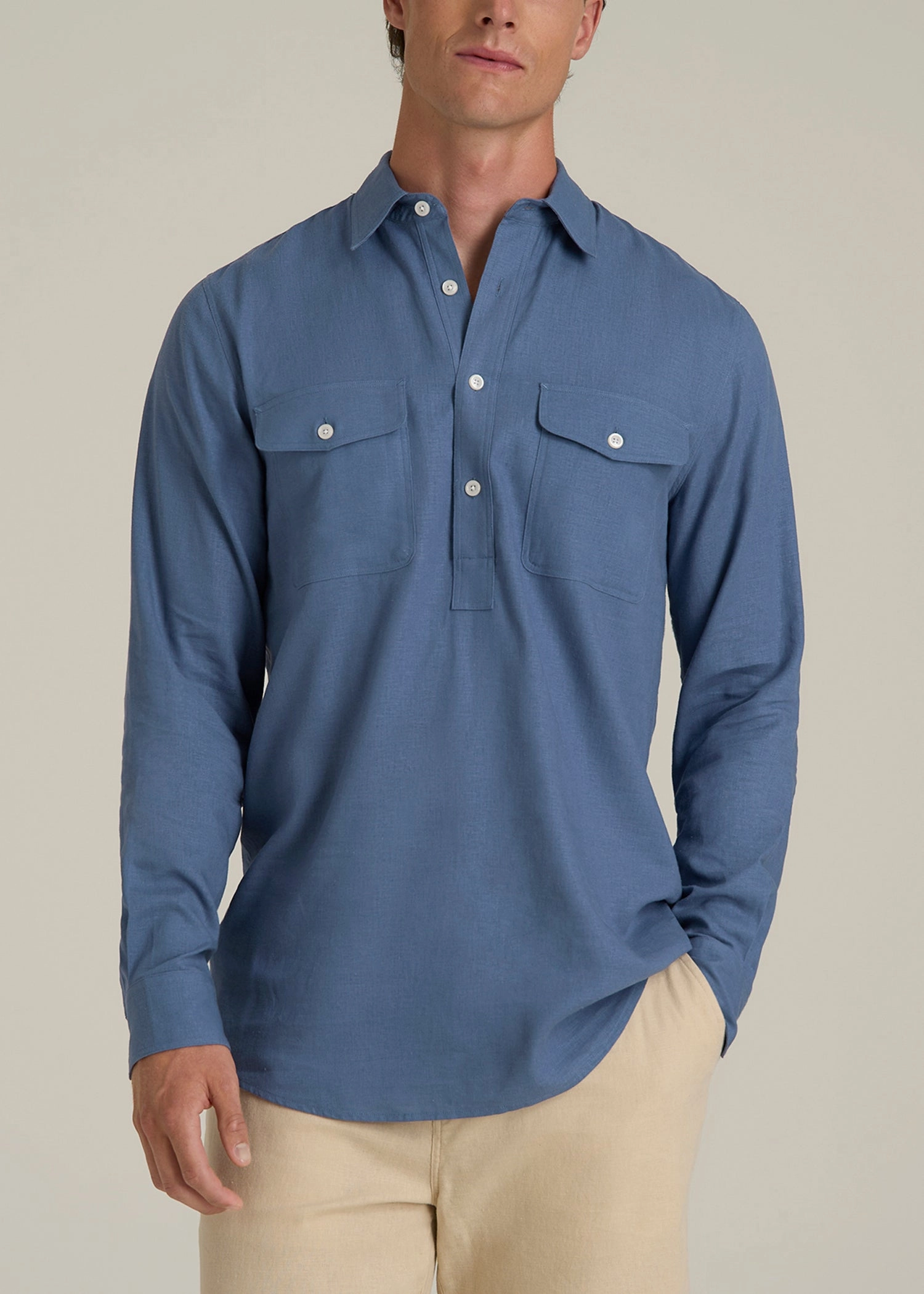 MeshPanelIntegration Linen Popover Shirt for Tall Men in Deep Cobalt