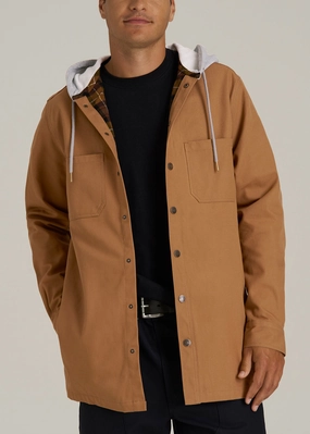 LJ&S Flannel-Lined Canvas Shirt Jacket for Tall Men in Vintage Tan Glow In Dark Accents