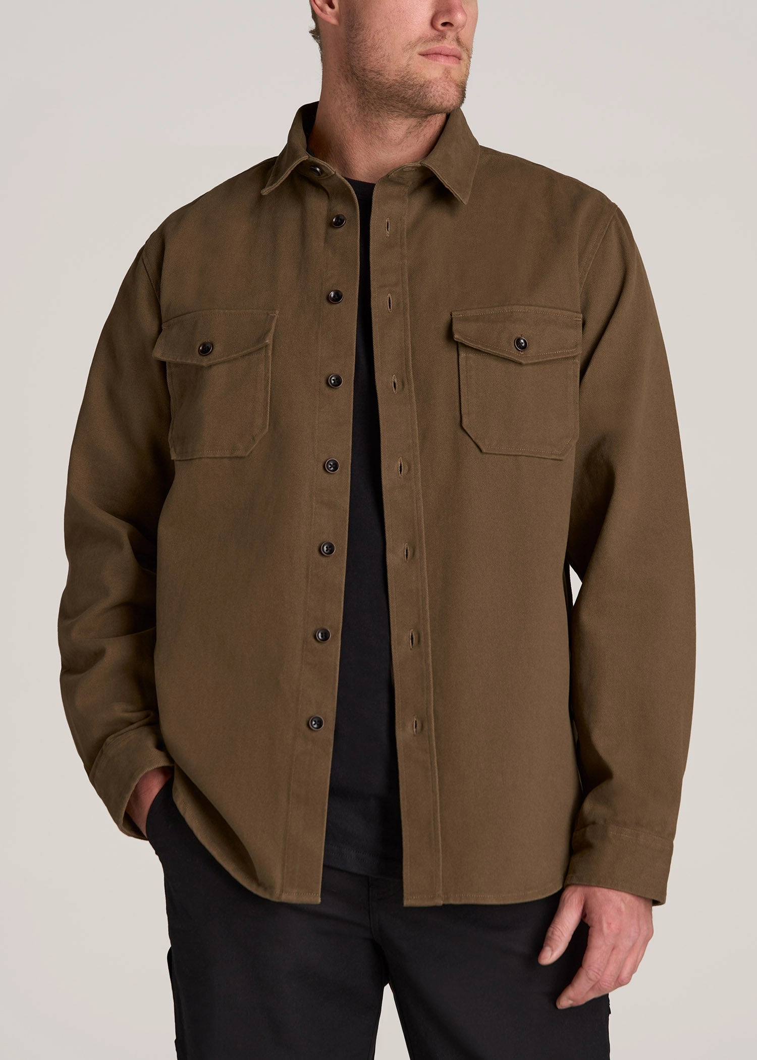 LJ&S Heavyweight Cotton Twill Overshirt for Tall Men in Grizzly Brown MultiPocket Configuration