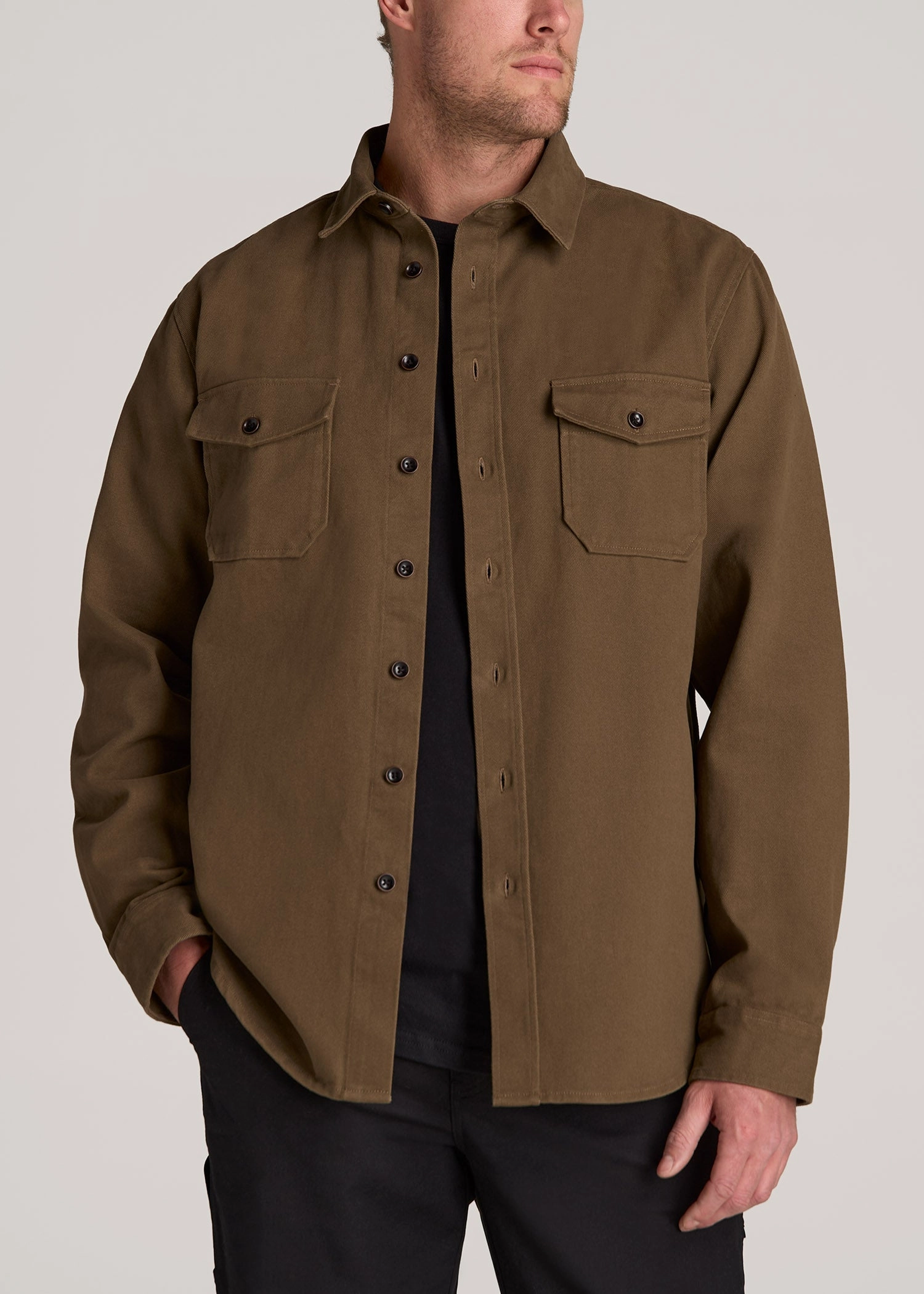 MoistureWicking Fabric HypoallergenicFibers LJ&S Heavyweight Cotton Twill Overshirt for Tall Men in Grizzly Brown