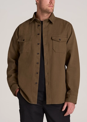 LJ&S Heavyweight Cotton Twill Overshirt for Tall Men in Grizzly Brown LowMaintenance